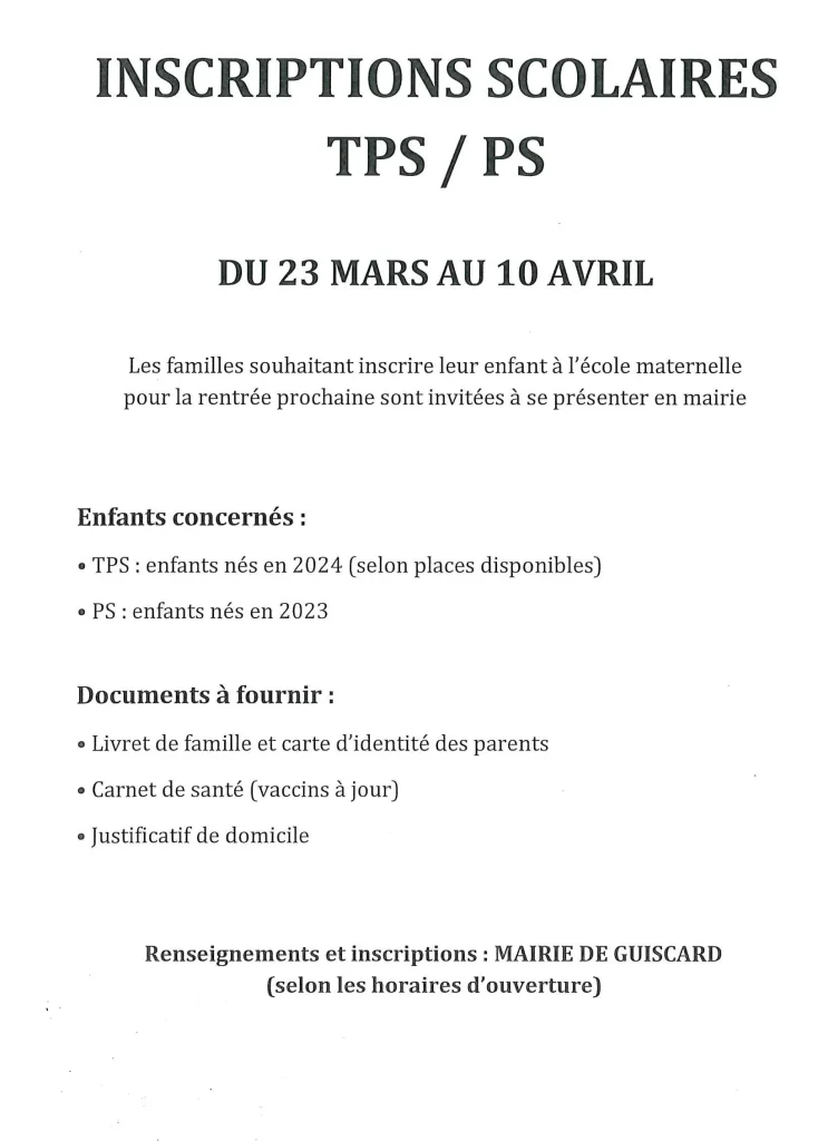 Lire la suite de l'actualité INSCRIPTIONS SCOLAIRES TPS/PS